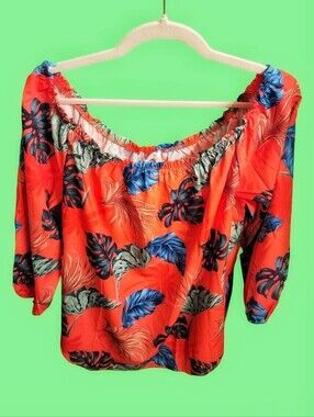 Off-Shoulder Floral Blouse - Red Coral Tropical Print